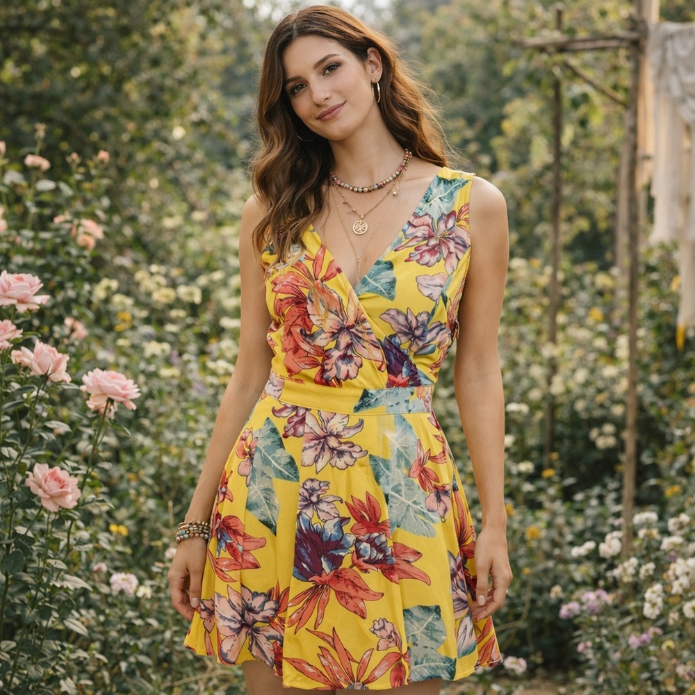 Entro Yellow Floral Dress Size Large Boho Garden Party Summer Dress